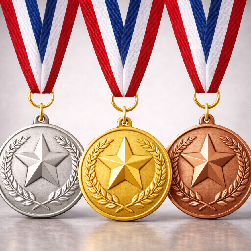 Three medals with stars on ribbons against a neutral background