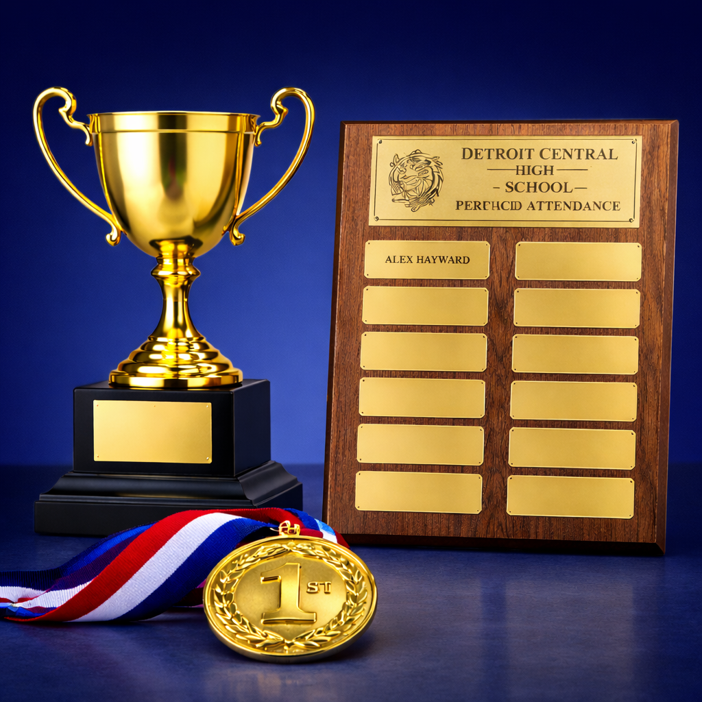 Gold trophy, plaque, and medal on a blue background