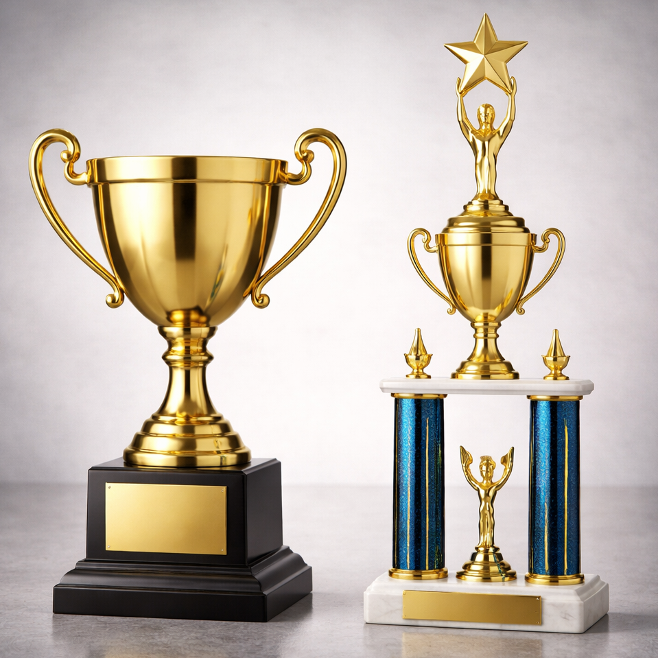 Two gold trophies on a reflective surface with a gray background