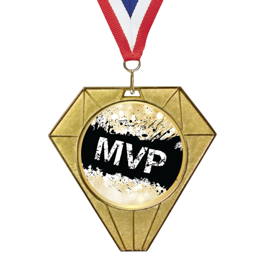 Gold medal with 'MVP' on a white background