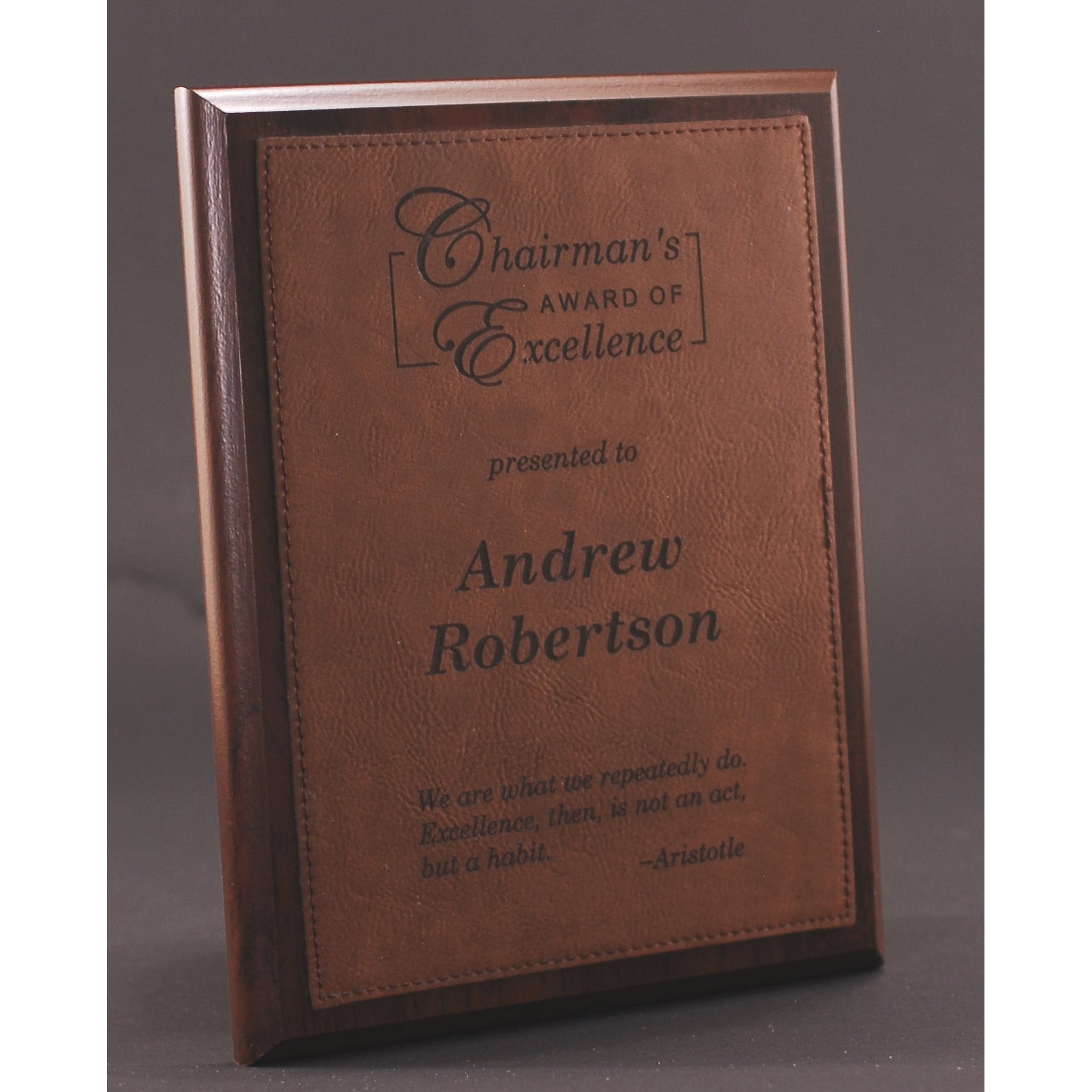 Simulated Walnut Plaque with Dark Brown Lasered Leatherette Plate