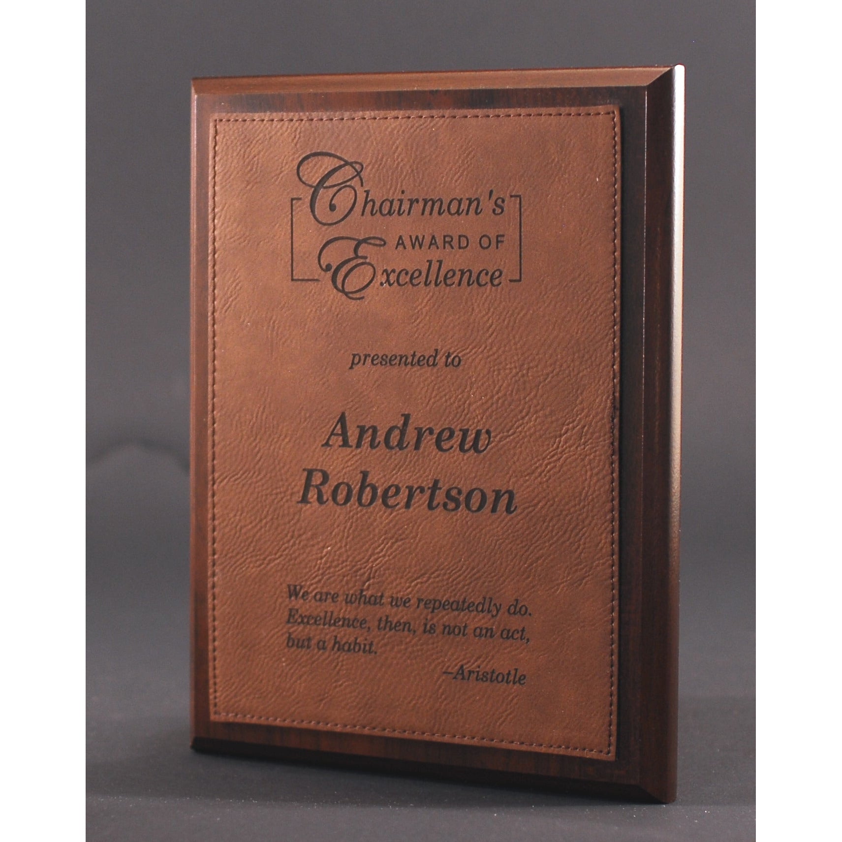 Simulated Walnut Plaque with Dark Brown Lasered Leatherette Plate