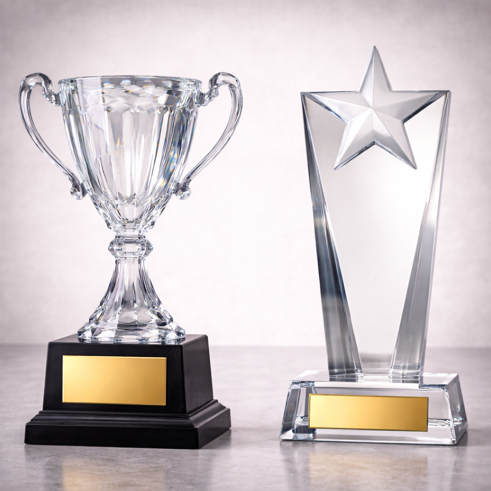 Clear glass trophy cup and star-shaped award on a reflective surface with a light gray background