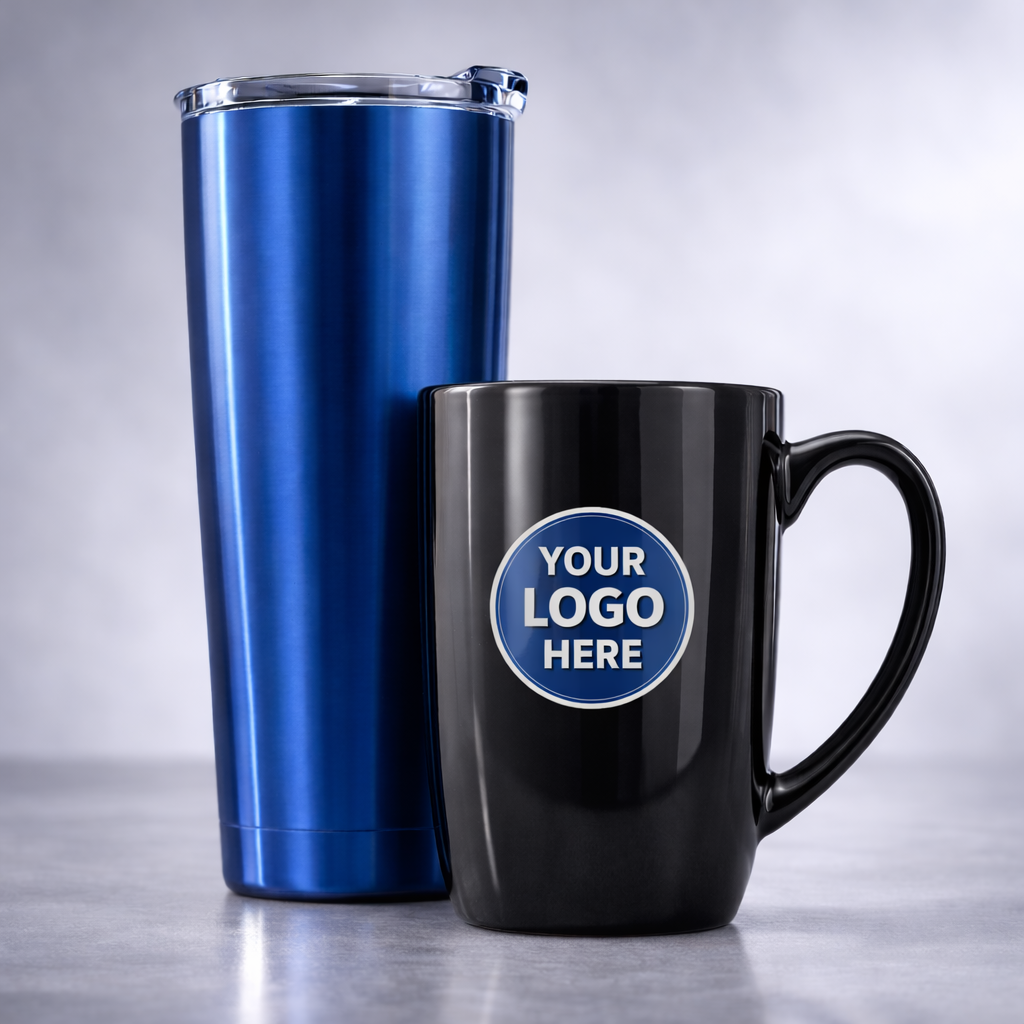 Blue insulated tumbler and black mug with a customizable logo area on a gray background