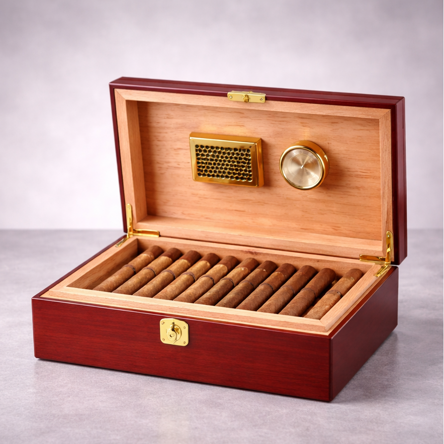 Wooden humidor with gold accents containing cigars on a gray background