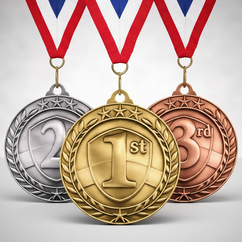 Gold, silver, and bronze medals with ribbons on a reflective surface