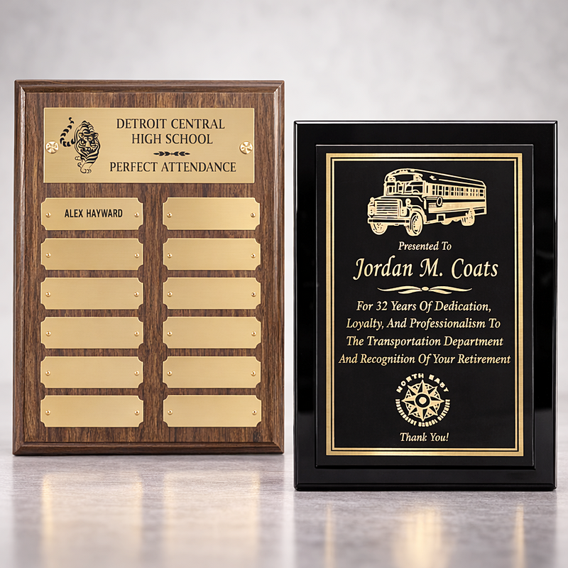 Two framed awards on a reflective surface with a neutral background