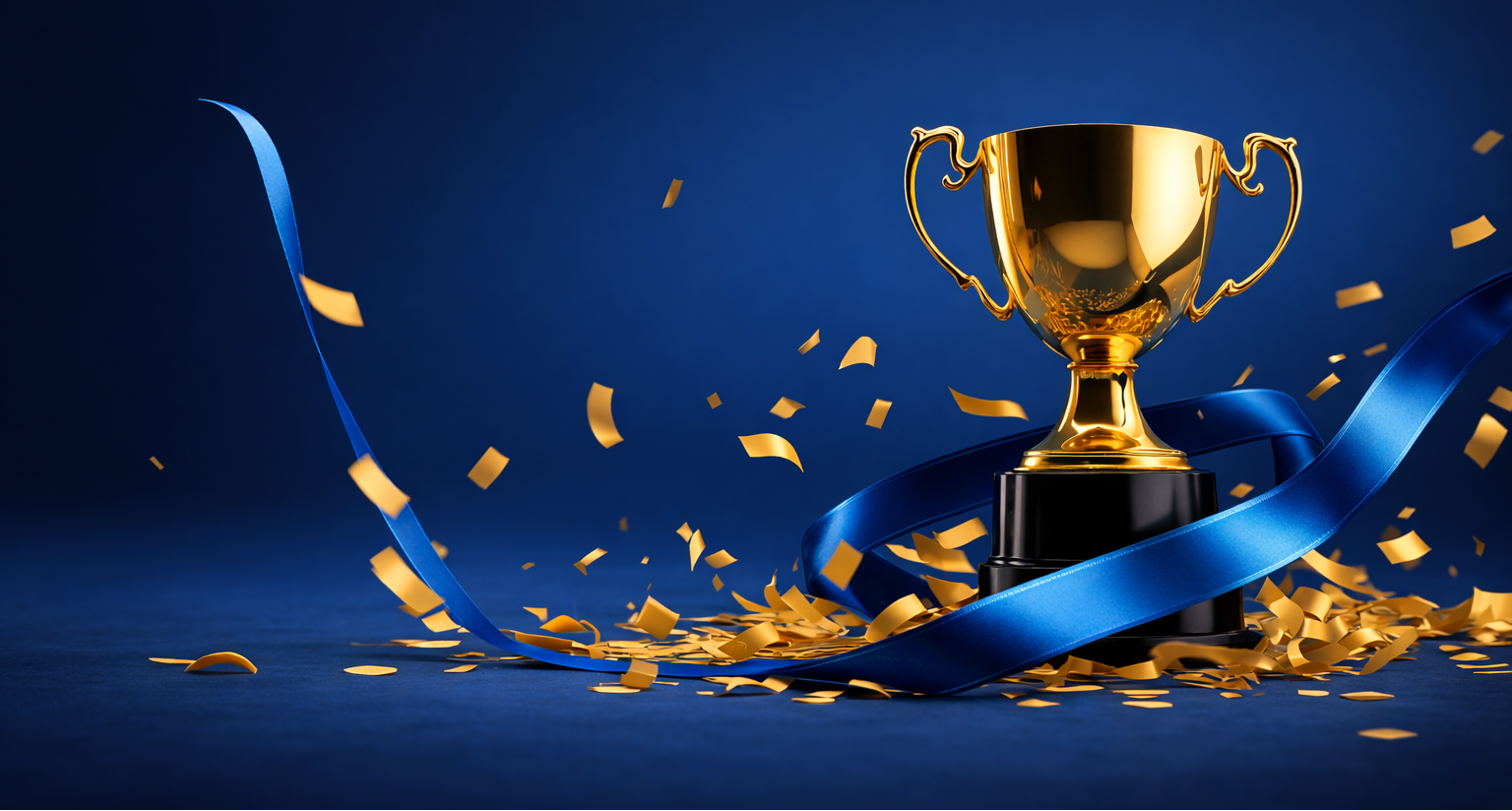 Gold trophy with blue ribbon and confetti on a dark blue background