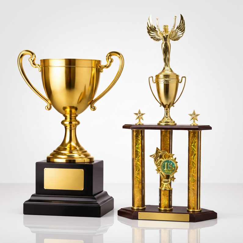 Two gold trophies on a white background