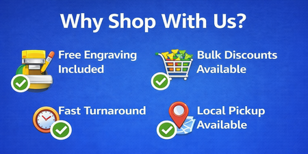 Promotional graphic highlighting reasons to shop with a business on a blue background.