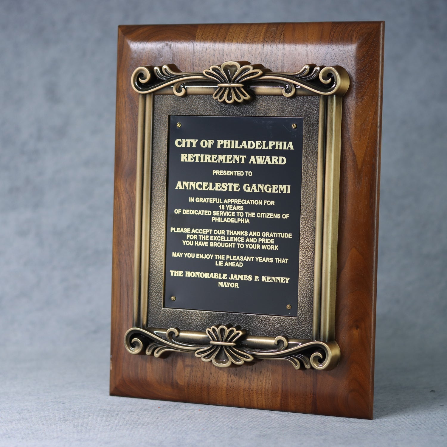 Solid Black Walnut Plaque with Cast Antique Gold Metal Scroll Frame
