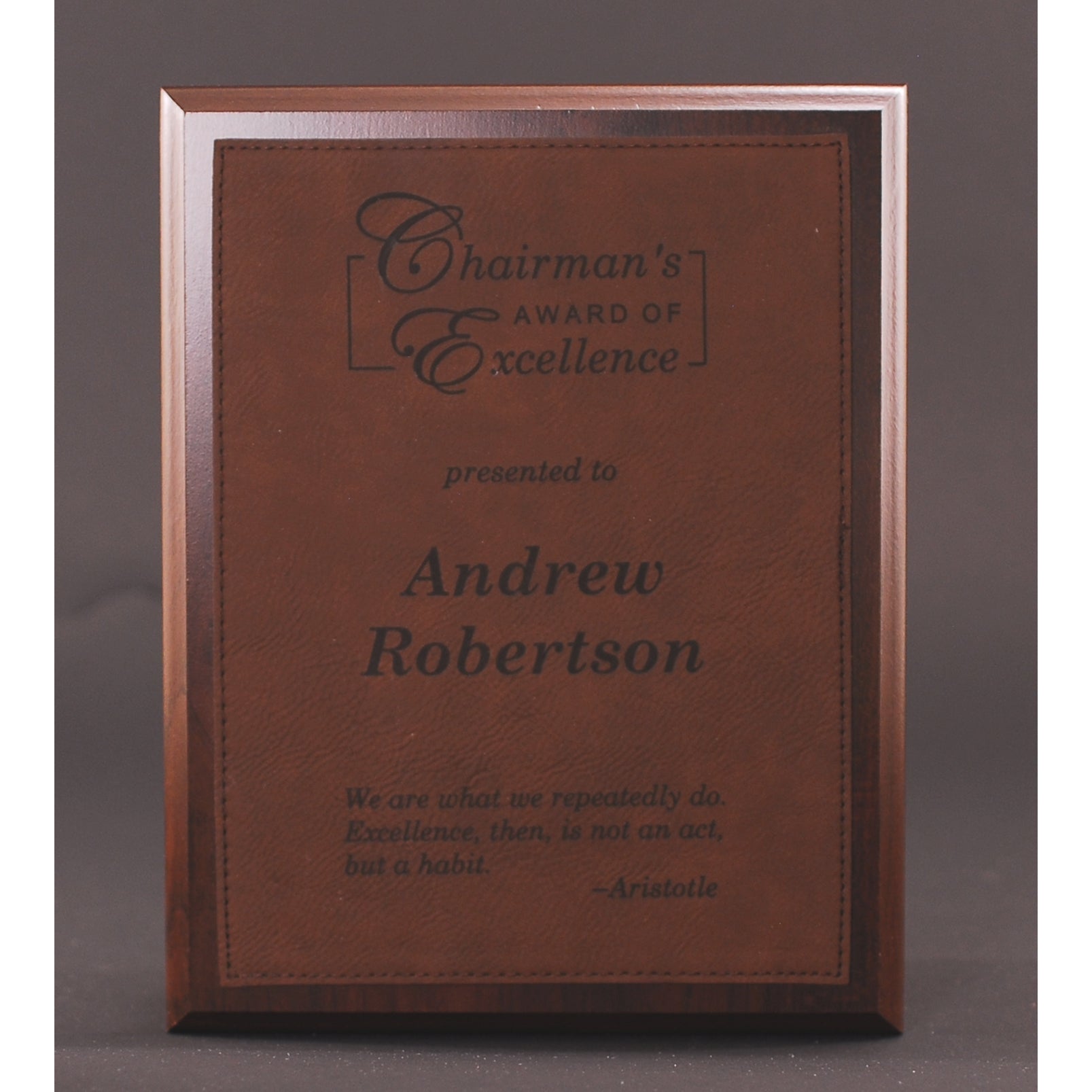 Simulated Walnut Plaque with Dark Brown Lasered Leatherette Plate