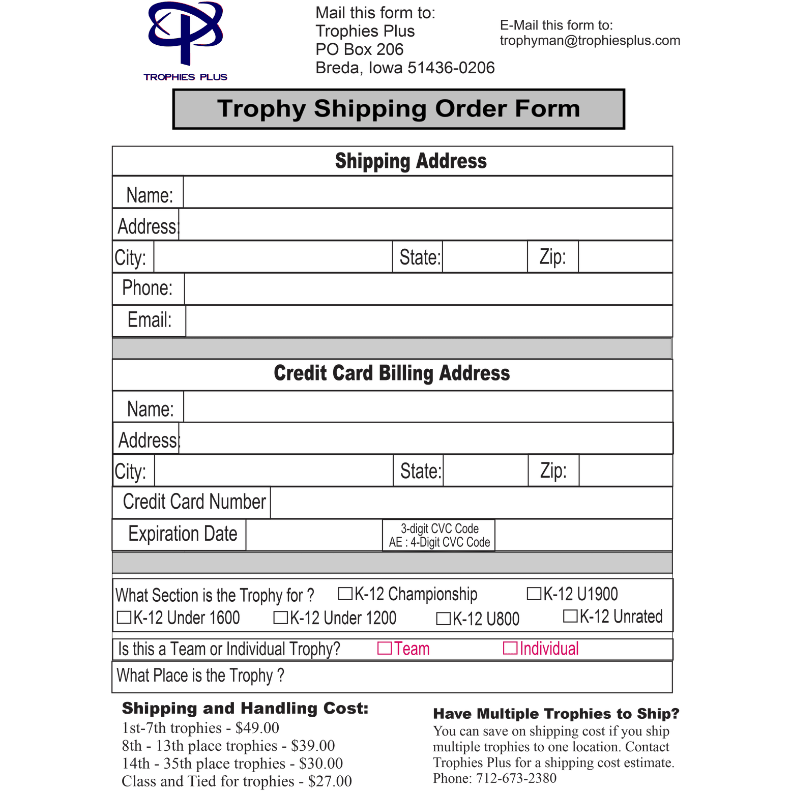 National K-12 Trophy Shipping Form
